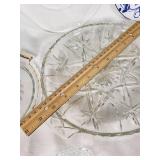 Glass and Ceramic Serving Dishes and Platters including Floral Plate, Cut Glass Bowls, and Serving Trays