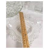 Glass and Ceramic Serving Dishes and Platters including Floral Plate, Cut Glass Bowls, and Serving Trays