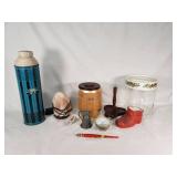 Vintage Thermos, Salt Lamp, Wooden Barrel Bank, and Miscellaneous Items