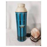 Vintage Thermos, Salt Lamp, Wooden Barrel Bank, and Miscellaneous Items