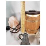 Vintage Thermos, Salt Lamp, Wooden Barrel Bank, and Miscellaneous Items