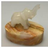 Small Miniature Stone Carved Elephant On Onyx Base 3" x 3 1/2"