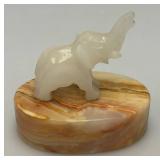 Small Miniature Stone Carved Elephant On Onyx Base 3" x 3 1/2"