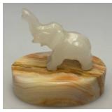 Small Miniature Stone Carved Elephant On Onyx Base 3" x 3 1/2"