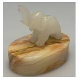 Small Miniature Stone Carved Elephant On Onyx Base 3" x 3 1/2"