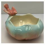 Vintage MCM Royal Copley Pink/Blue  Bowl/Vase With Pink Bird 4" x 5 1/2" x 6"