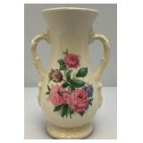 Vintage MCM Royal Copley Pedestal With Handles Vase Ivory Colored With Pink Flowers 3 3/4" x 5 1/2" x 8"