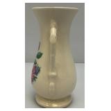 Vintage MCM Royal Copley Pedestal With Handles Vase Ivory Colored With Pink Flowers 3 3/4" x 5 1/2" x 8"