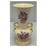 Vintage MCM Royal Copley Pink Floral Vase With Gold Trim And Double Handled Cottage Core Victorian 8 1/4" Tall