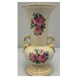 Vintage MCM Royal Copley Pink Floral Vase With Gold Trim And Double Handled Cottage Core Victorian 8 1/4" Tall