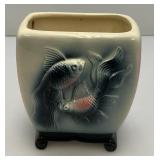 Vintage MCM Royal Copley Pink, Grey & Black Art pottery Vase With Raised Goldfish Design 3" x 4.5" x 5.5"