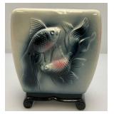 Vintage MCM Royal Copley Pink, Grey & Black Art pottery Vase With Raised Goldfish Design 3" x 4.5" x 5.5"