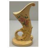 Vintage MCM Royal Copley Ceramic Peachy Colored Cornucopia Horn Of Plenty Vase Planter With Gold Trim 6 1/4"