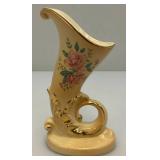 Vintage MCM Royal Copley Ceramic Peachy Colored Cornucopia Horn Of Plenty Vase Planter With Gold Trim 6 1/4"