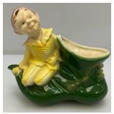 Vintage MCM Royal Copley Sitting Yellow/Red Christmas Elf Pixie Figure Green Shoe Planter 2 1/2" x 7" x 7 1/2"