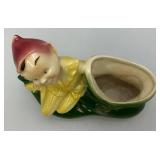Vintage MCM Royal Copley Sitting Yellow/Red Christmas Elf Pixie Figure Green Shoe Planter 2 1/2" x 7" x 7 1/2"