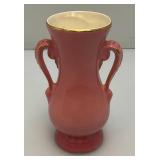 Vintage MCM Royal Copley Pink Ceramic Vase Double Handled With Gold Trim 6 1/4"