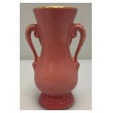 Vintage MCM Royal Copley Pink Ceramic Vase Double Handled With Gold Trim 6 1/4"