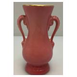 Vintage MCM Royal Copley Pink Ceramic Vase Double Handled With Gold Trim 6 1/4"