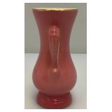 Vintage MCM Royal Copley Pink Ceramic Vase Double Handled With Gold Trim 6 1/4"