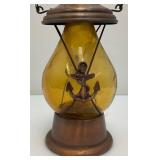 Vintage Amber Glass Anchor Adorned Lantern Musical Decanter Bottle "How Dry I Am" Made In Japan 11.5" Tall (Music Box Needs Work)
