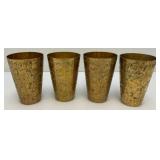 Set Of Four Heavy Oriental Solid Brass Etched Decorative Drinkware Tumblers 4.5"