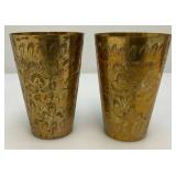 Set Of Four Heavy Oriental Solid Brass Etched Decorative Drinkware Tumblers 4.5"
