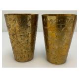 Set Of Four Heavy Oriental Solid Brass Etched Decorative Drinkware Tumblers 4.5"