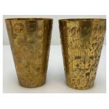Set Of Four Heavy Oriental Solid Brass Etched Decorative Drinkware Tumblers 4.5"