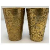 Set Of Four Heavy Oriental Solid Brass Etched Decorative Drinkware Tumblers 4.5"