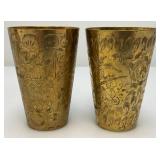 Set Of Four Heavy Oriental Solid Brass Etched Decorative Drinkware Tumblers 4.5"