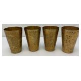 Set Of Four Heavy Oriental Solid Brass Etched Decorative Drinkware Tumblers 4.5"