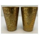 Set Of Four Heavy Oriental Solid Brass Etched Decorative Drinkware Tumblers 4.5"