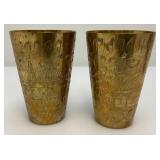Set Of Four Heavy Oriental Solid Brass Etched Decorative Drinkware Tumblers 4.5"