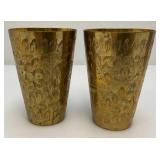 Set Of Four Heavy Oriental Solid Brass Etched Decorative Drinkware Tumblers 4.5"