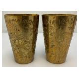 Set Of Four Heavy Oriental Solid Brass Etched Decorative Drinkware Tumblers 4.5"
