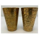 Set Of Four Heavy Oriental Solid Brass Etched Decorative Drinkware Tumblers 4.5"