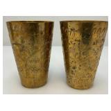 Set Of Four Heavy Oriental Solid Brass Etched Decorative Drinkware Tumblers 4.5"