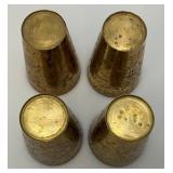 Set Of Four Heavy Oriental Solid Brass Etched Decorative Drinkware Tumblers 4.5"