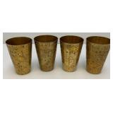 Set Of Four Heavy Oriental Solid Brass Etched Decorative Drinkware Tumblers 4.5"