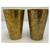 Set Of Four Heavy Oriental Solid Brass Etched Decorative Drinkware Tumblers 4.5"
