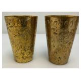 Set Of Four Heavy Oriental Solid Brass Etched Decorative Drinkware Tumblers 4.5"