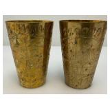 Set Of Four Heavy Oriental Solid Brass Etched Decorative Drinkware Tumblers 4.5"