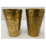 Set Of Four Heavy Oriental Solid Brass Etched Decorative Drinkware Tumblers 4.5"