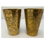 Set Of Four Heavy Oriental Solid Brass Etched Decorative Drinkware Tumblers 4.5"