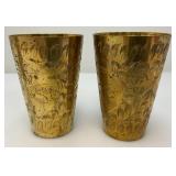 Set Of Four Heavy Oriental Solid Brass Etched Decorative Drinkware Tumblers 4.5"