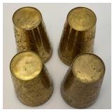 Set Of Four Heavy Oriental Solid Brass Etched Decorative Drinkware Tumblers 4.5"