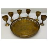 Group Of 6 Small Etched Brass Shot Cups 3" With 8 3/8" Heavy Brass Serving Tray