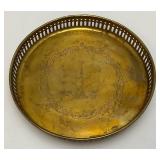 Group Of 6 Small Etched Brass Shot Cups 3" With 8 3/8" Heavy Brass Serving Tray