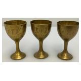 Group Of 6 Small Etched Brass Shot Cups 3" With 8 3/8" Heavy Brass Serving Tray